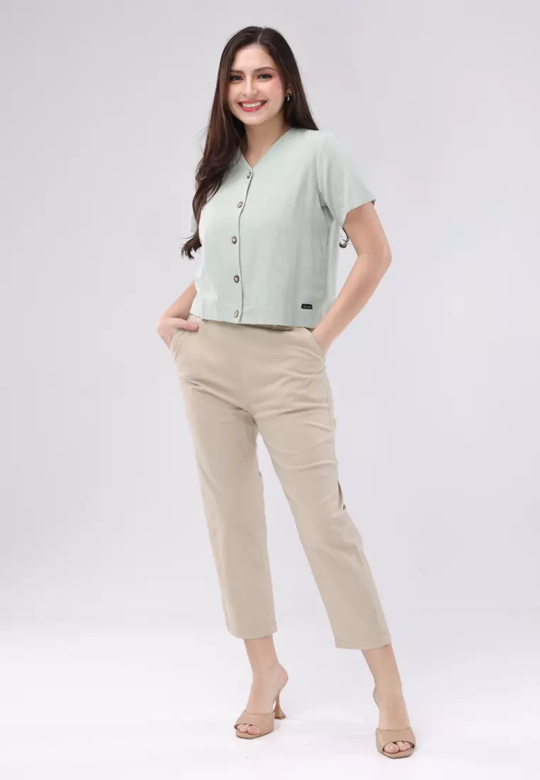 Crumpled Cotton Linen Short Sleeves Blouse