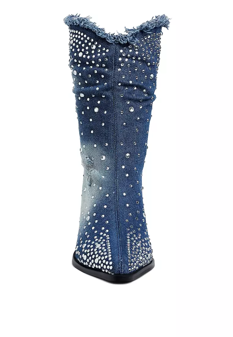Diamante & Rhinestones Denim Boots in Dark Blue