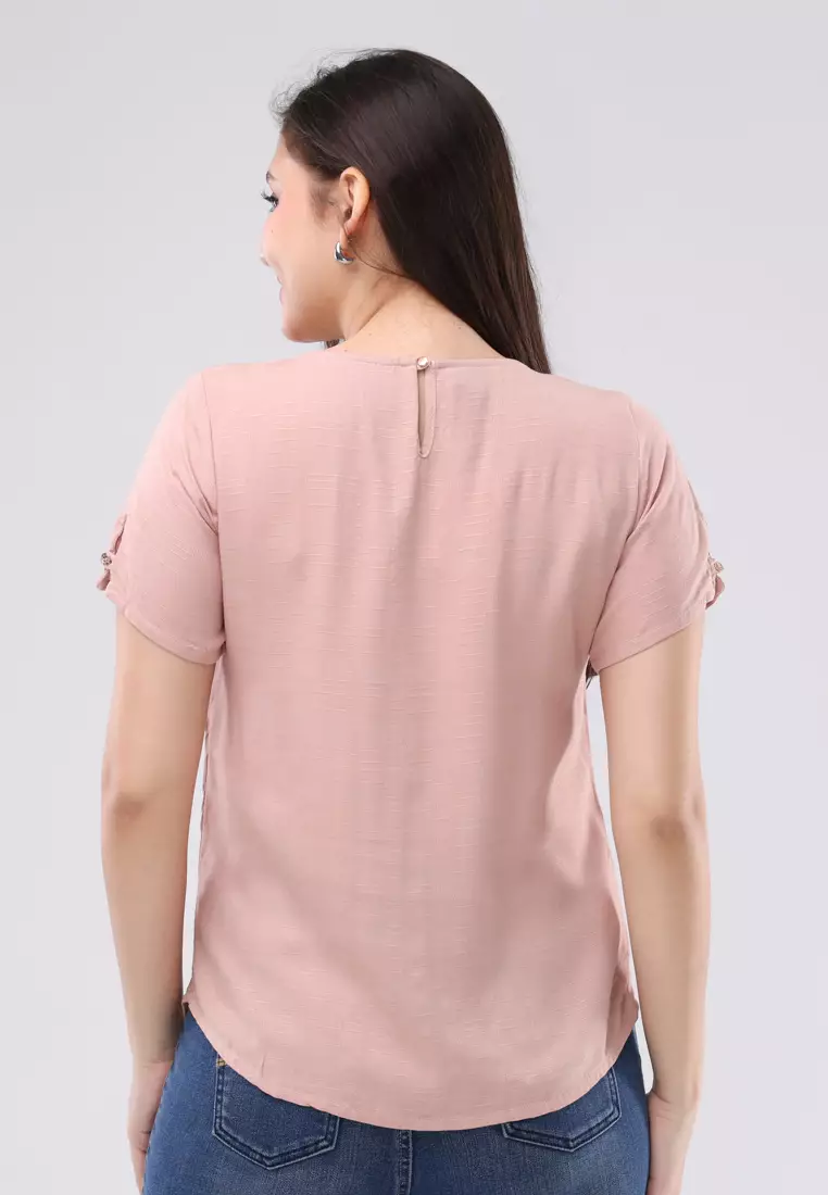 Slub Rayon Textured Woven Short Sleeves Blouse