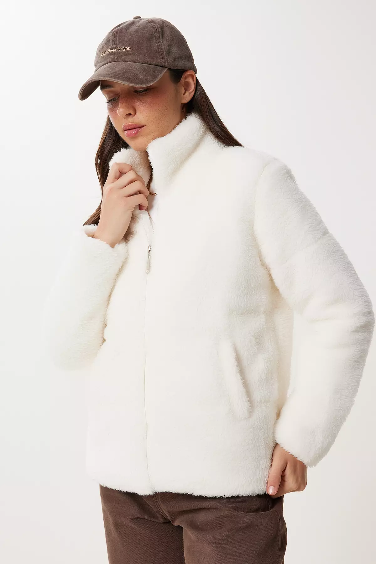 Women's Ecru Soft Textured Plush Coat Dd01370
