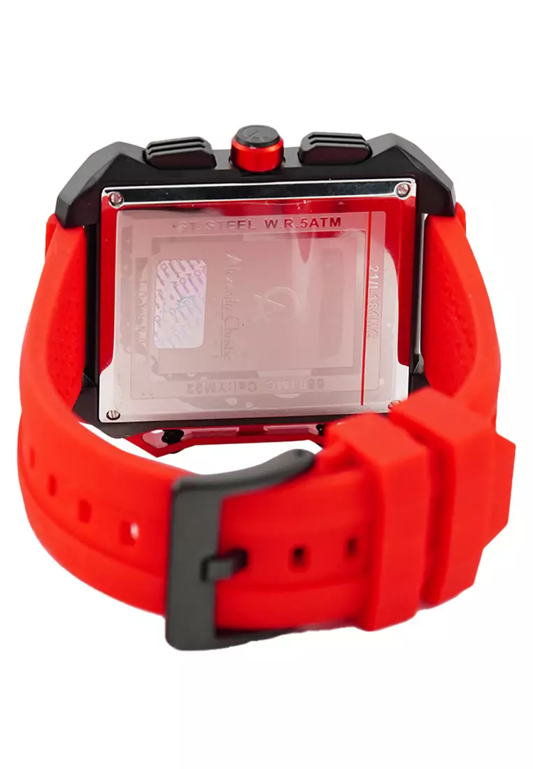 Alexandre Christie - Jam Tangan Chronograph Pria - Black - Red Rubber Strap - 6601MCRIPBARE