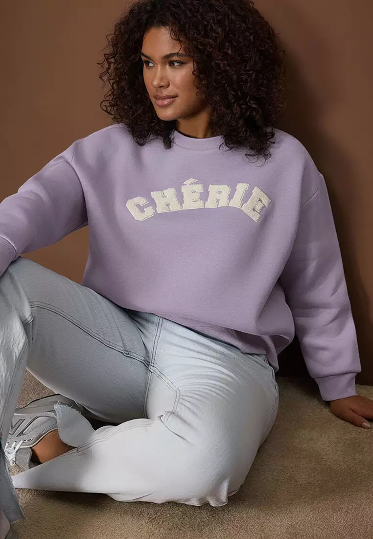 Purple Thick Fleece Inside O Oversized Slogan Embroidered Knitted Oversized Sweatshirt Tbbaw26Ao00008