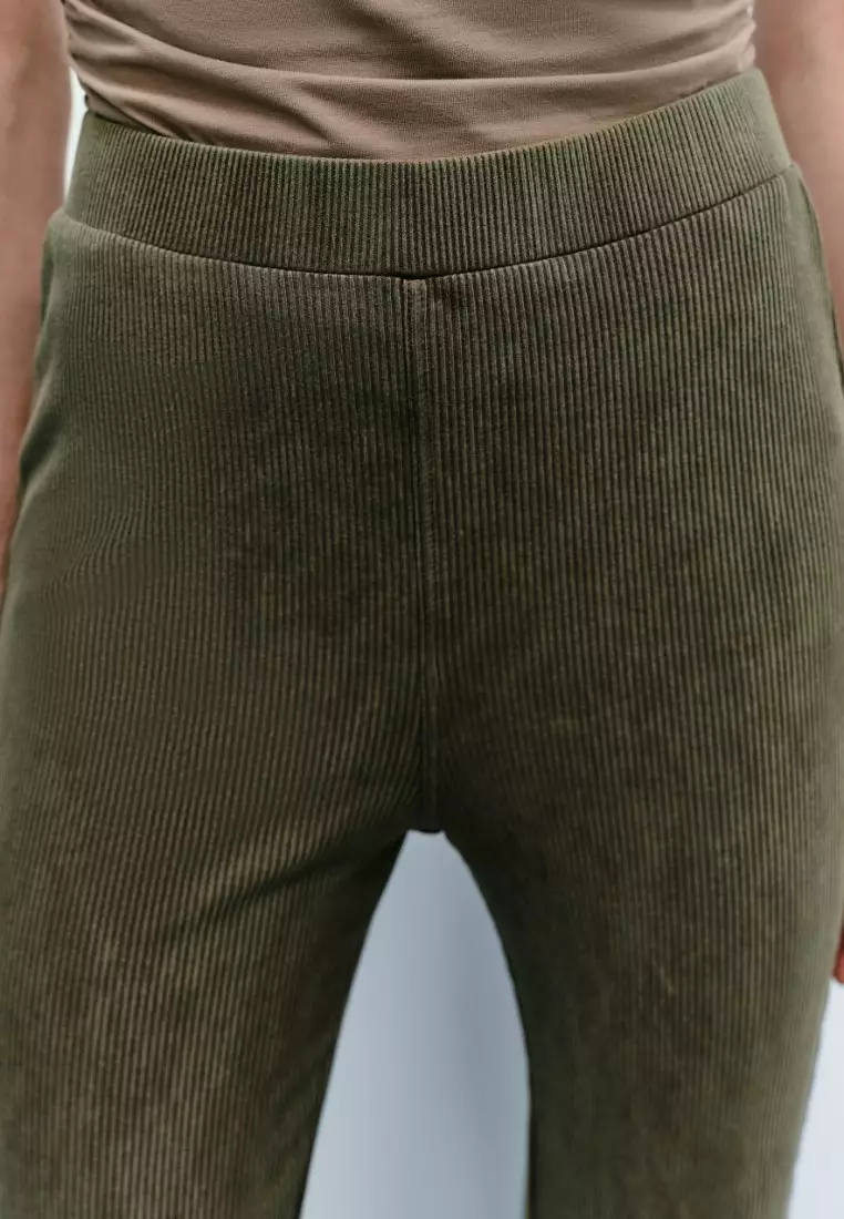 女复古风时髦松紧腰坑纹紧身高腰喇叭裤