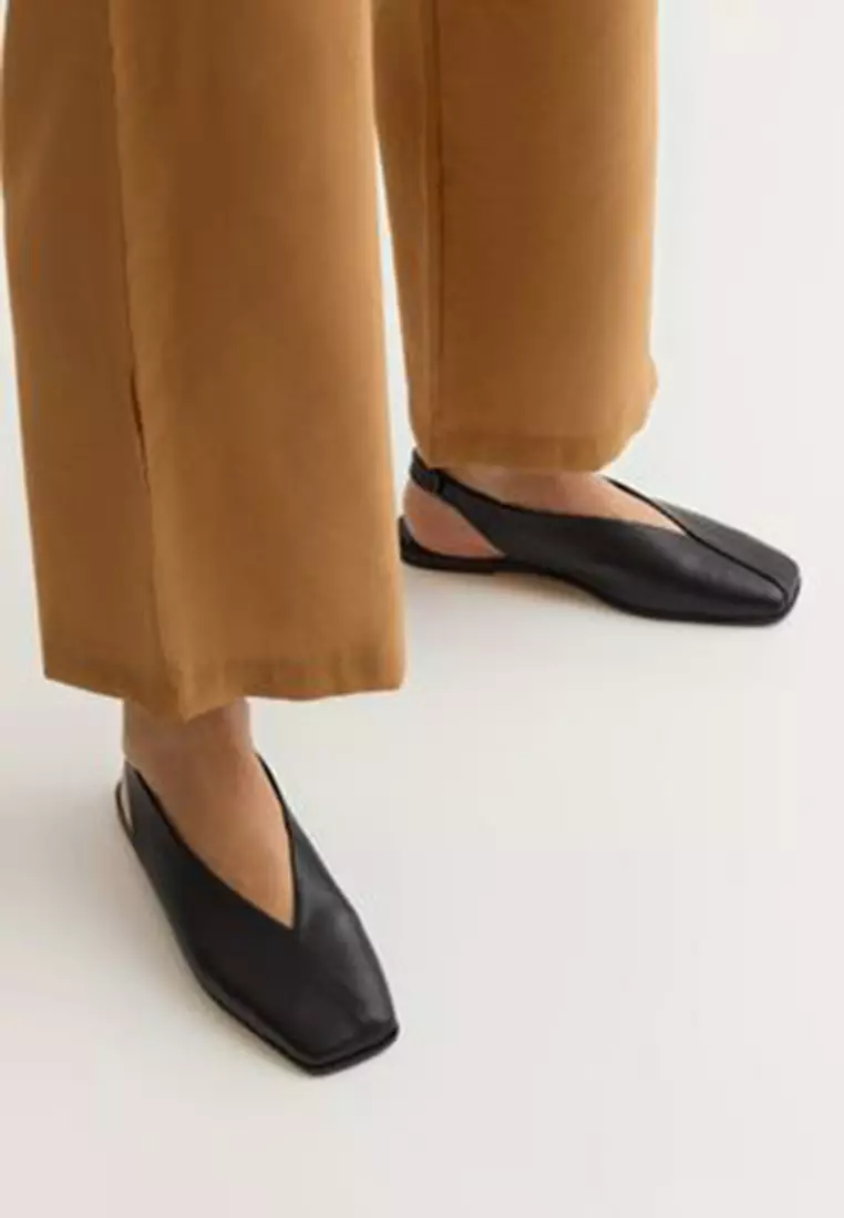 Black Genuine Leather Open Back Square Toe Women's Ballerinas Takss25Be00018