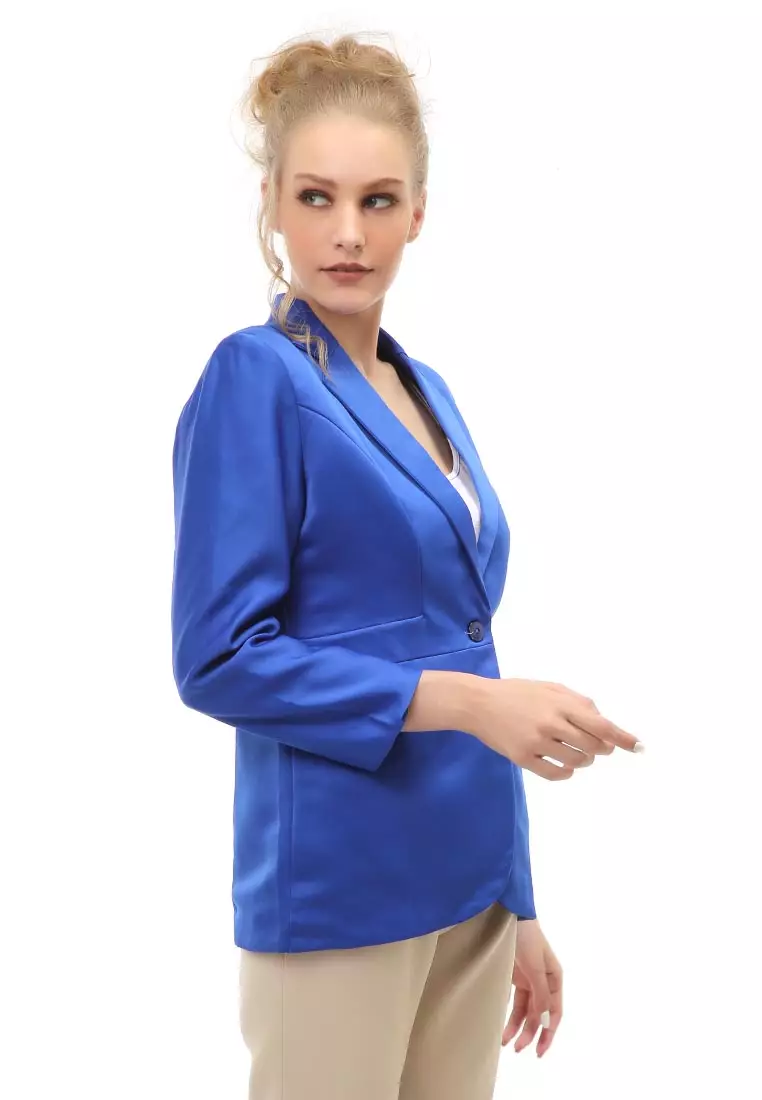 Qemsya Outer Blazer Kasual Formal Wanita Lengan Panjang Material Wool Twist ORIGINAL - Blue