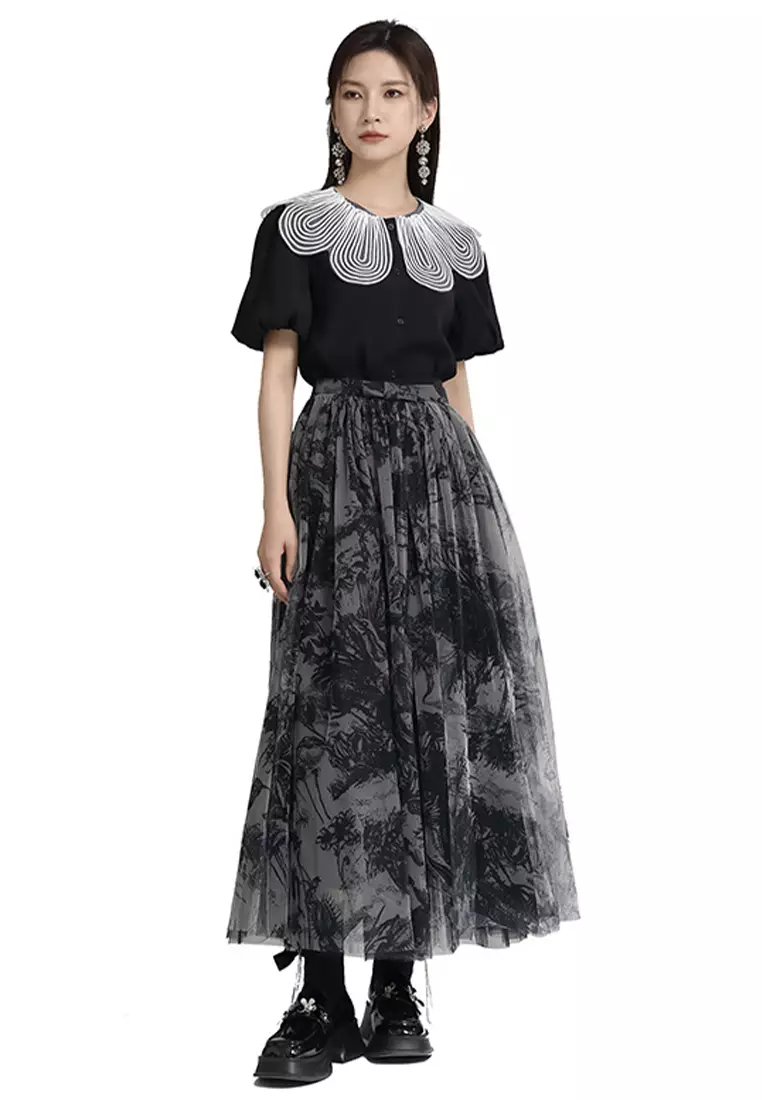 2024 Half skirt mesh print two-piece set summer A-line high waisted mid  length skirt CA24030105BK