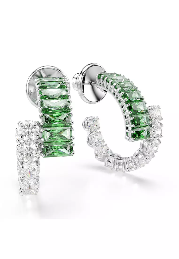 Matrix hoop earrings, Mixed cuts, Green, Rhodium plated