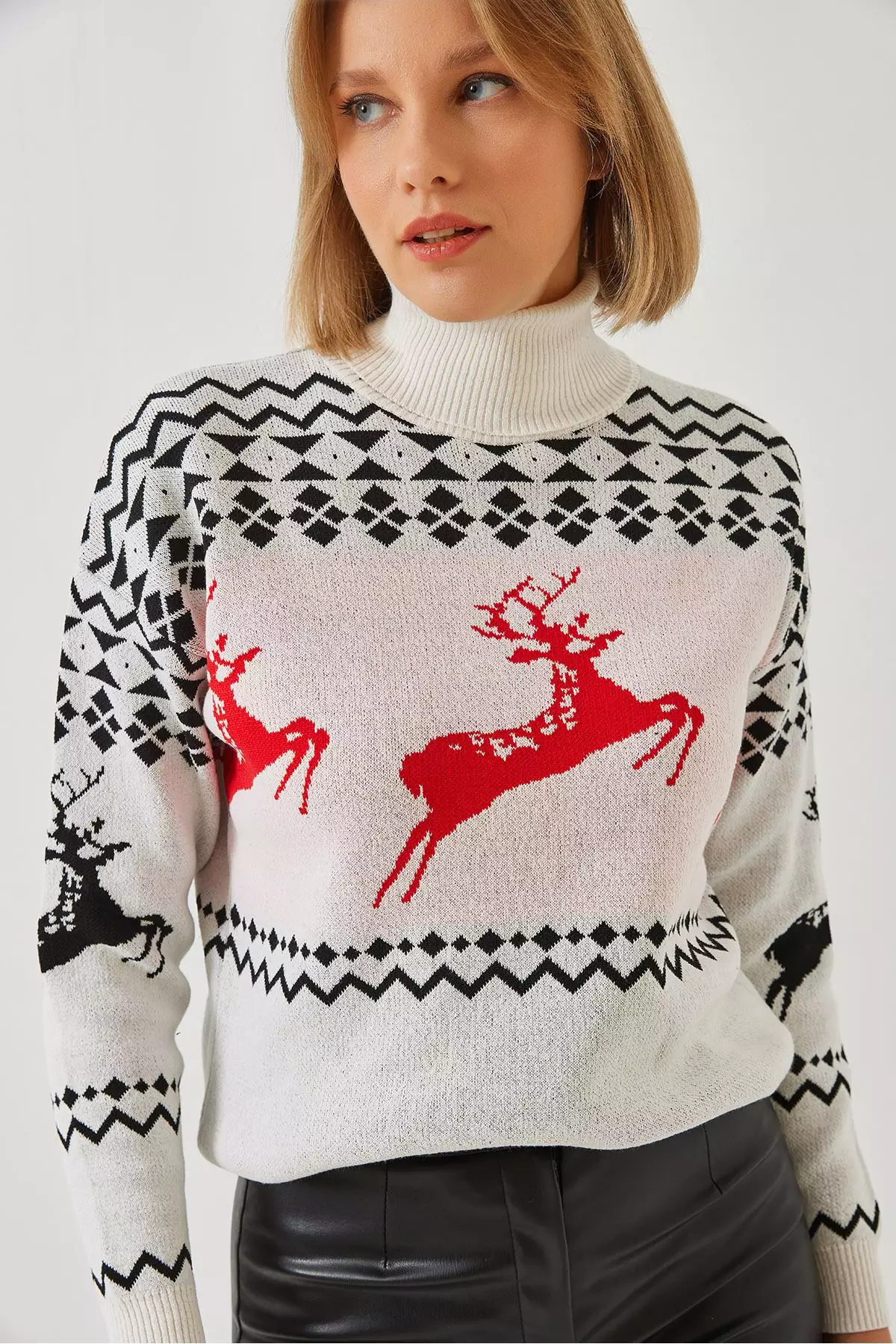 Women's Turtleneck Sweater With Deer Pattern 20246224