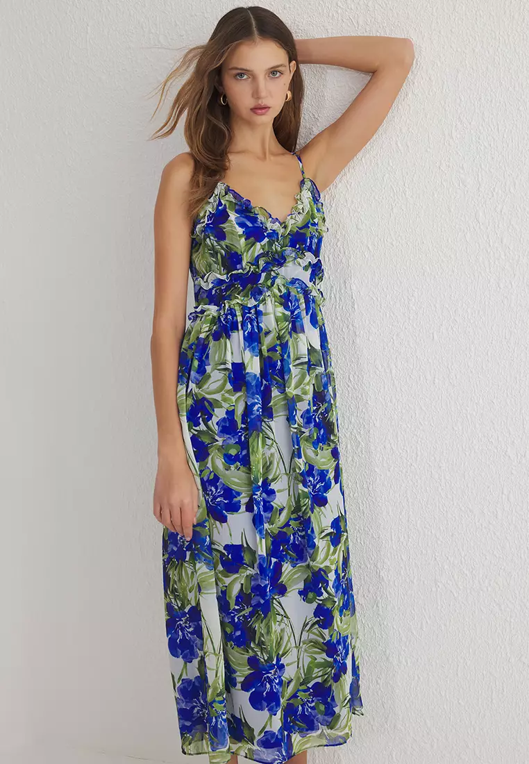 Saxe Floral Patterned Ruffle Maxi Chiffon Woven Dress