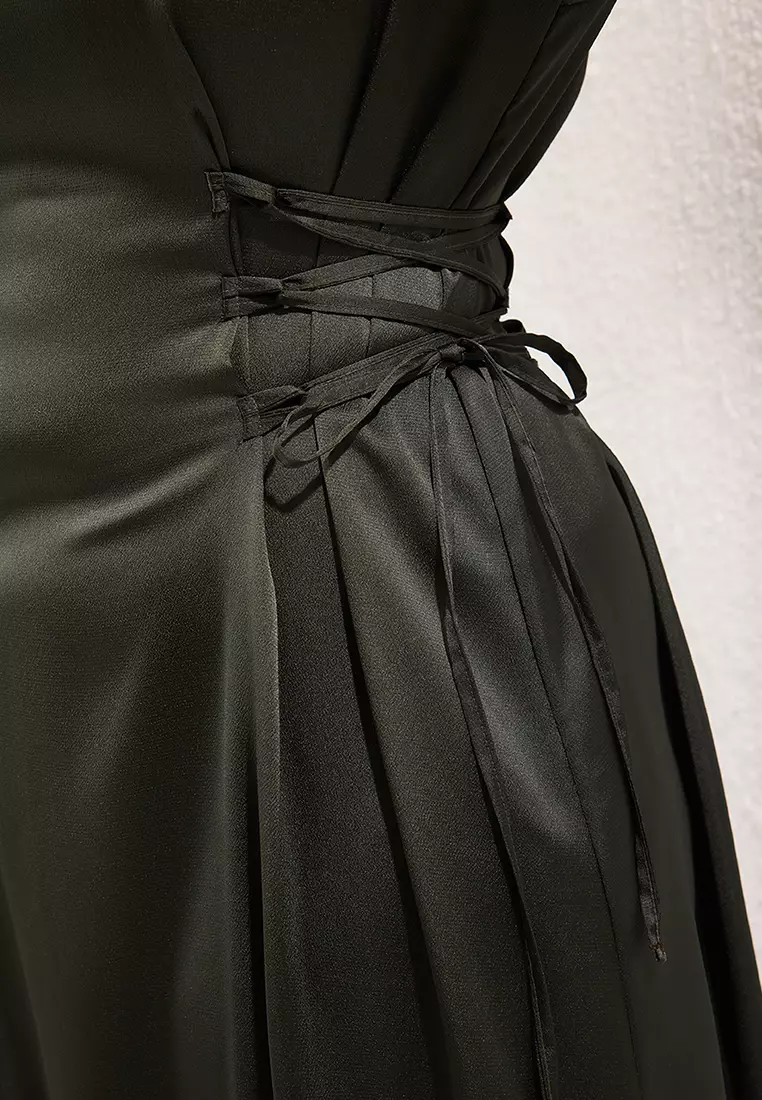 Plus Size Khaki Waistline Brit Satin Evening Dress TCTSS25DB00021