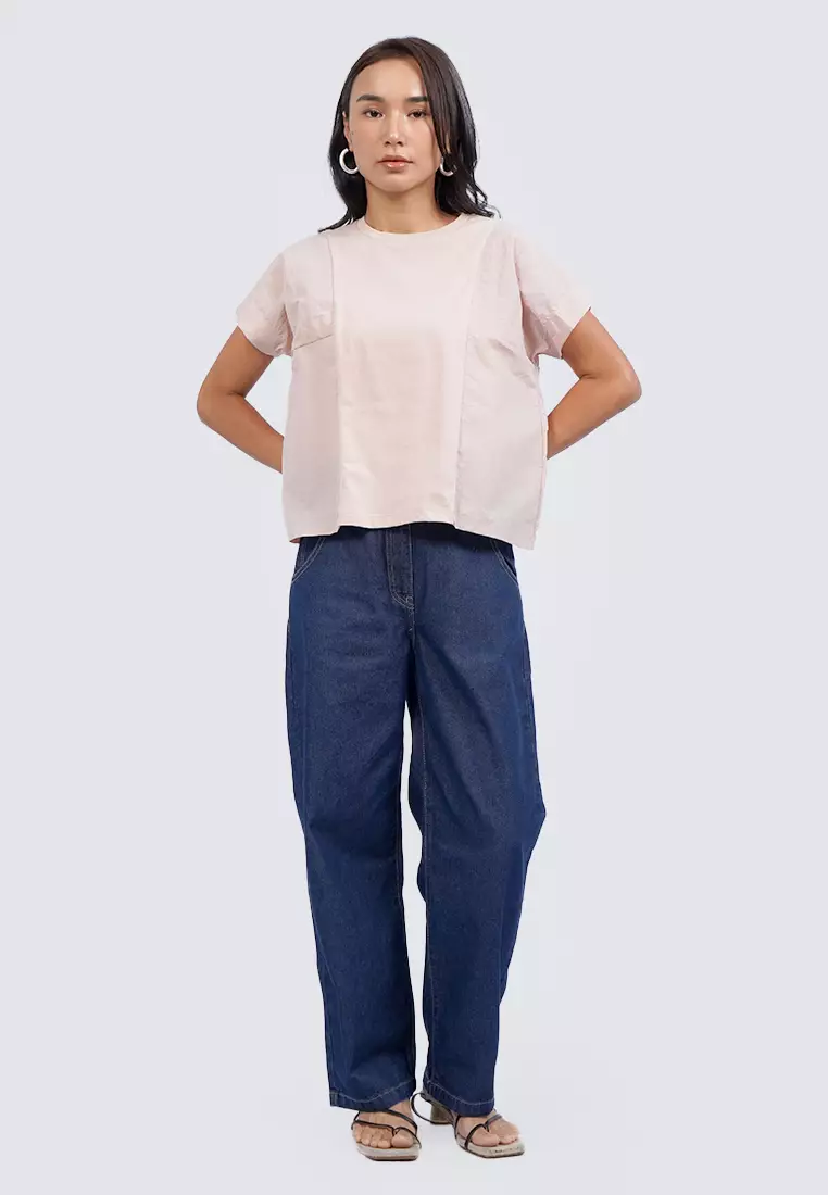 Round Neck Short Sleeve Top BEIGE