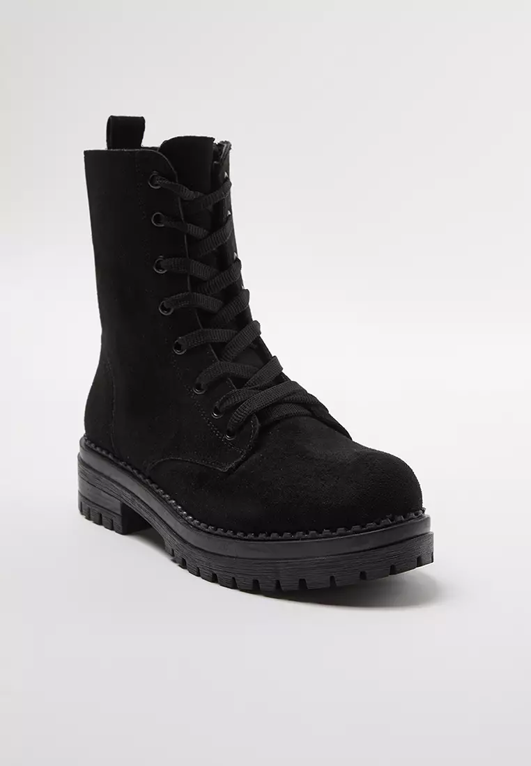 Black Suede Lace-Up And Zip-Up Short Flat Women's Boots Takaw25Bo00026