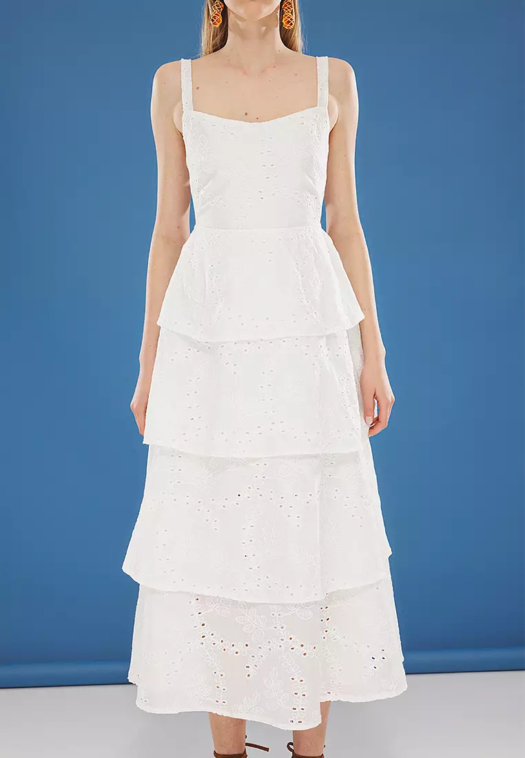 Ecru Skirt With Opening Waist And Back Tie Detail Maxi Embroidered Woven Dress