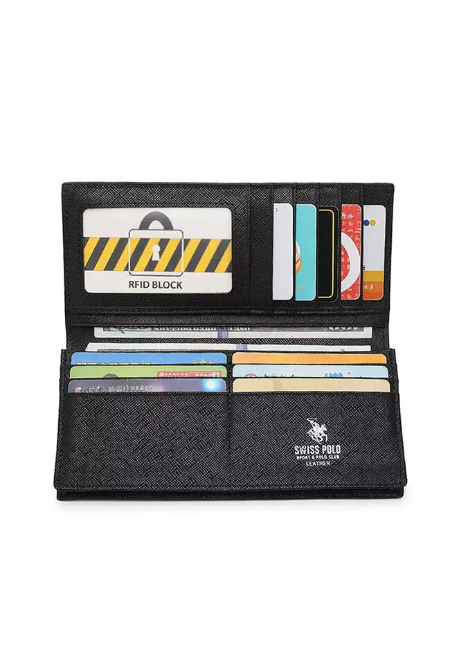 Genuine Leather RFID Long Wallet - Black