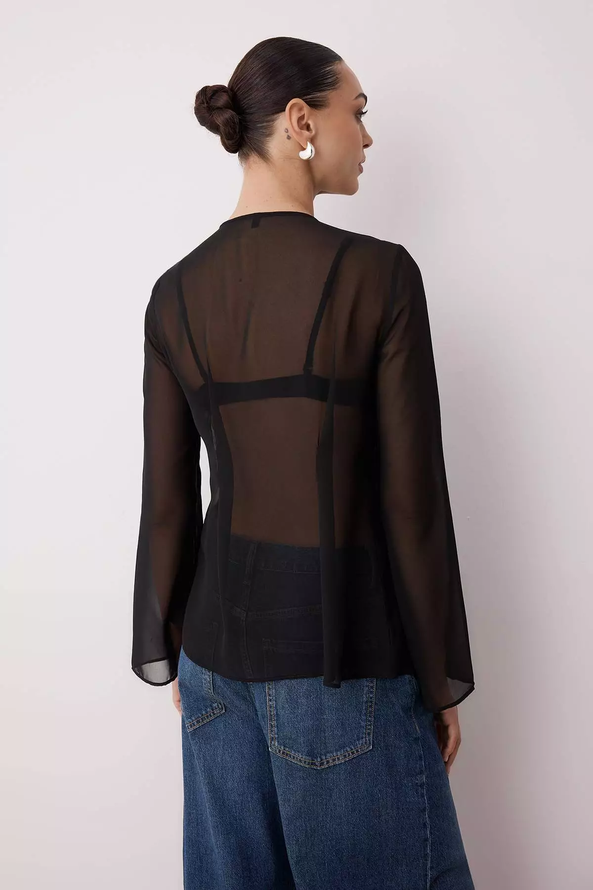 Black Chiffon See Through Tie Up Detail Blouse