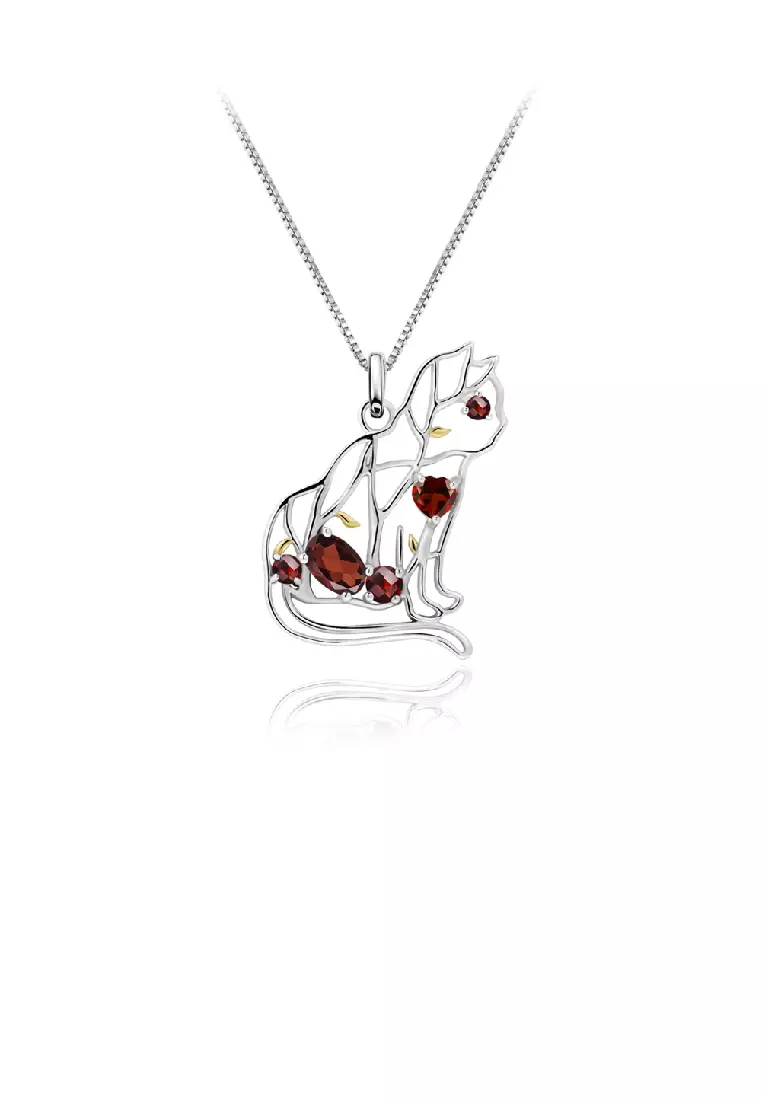 925 Sterling Silver Fashion Cute Hollow Cat Pendant with Garnet and Necklace