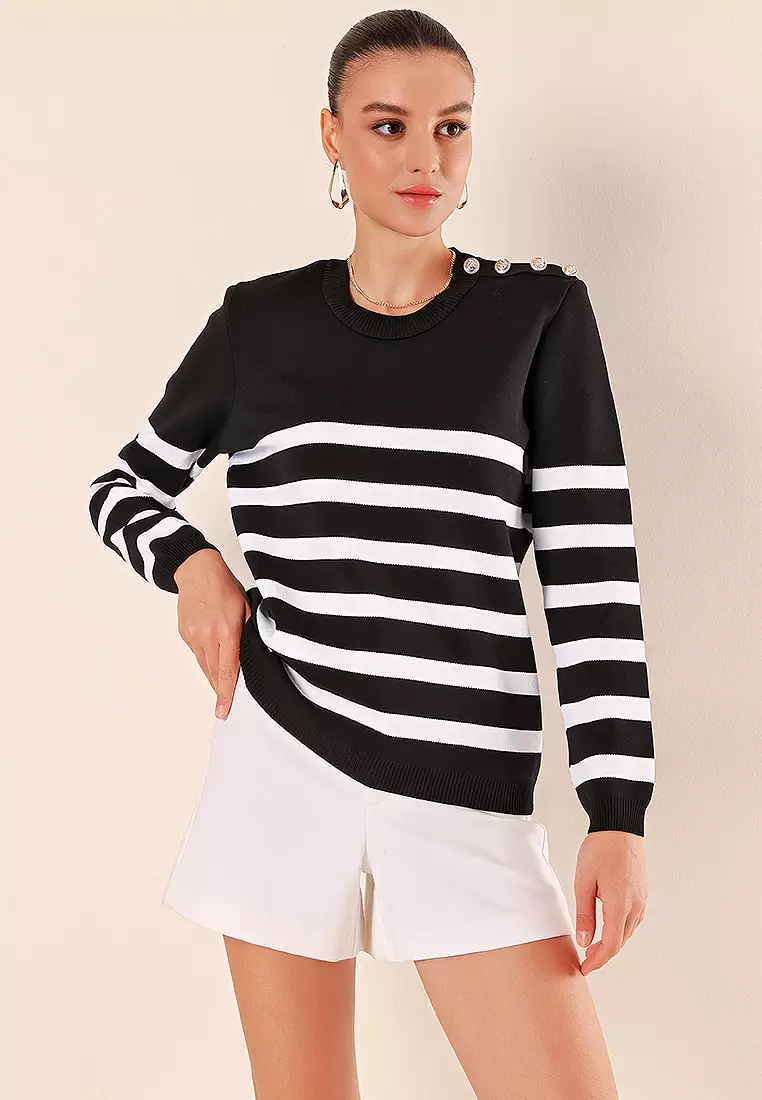 Button Detail Striped Sweater Black