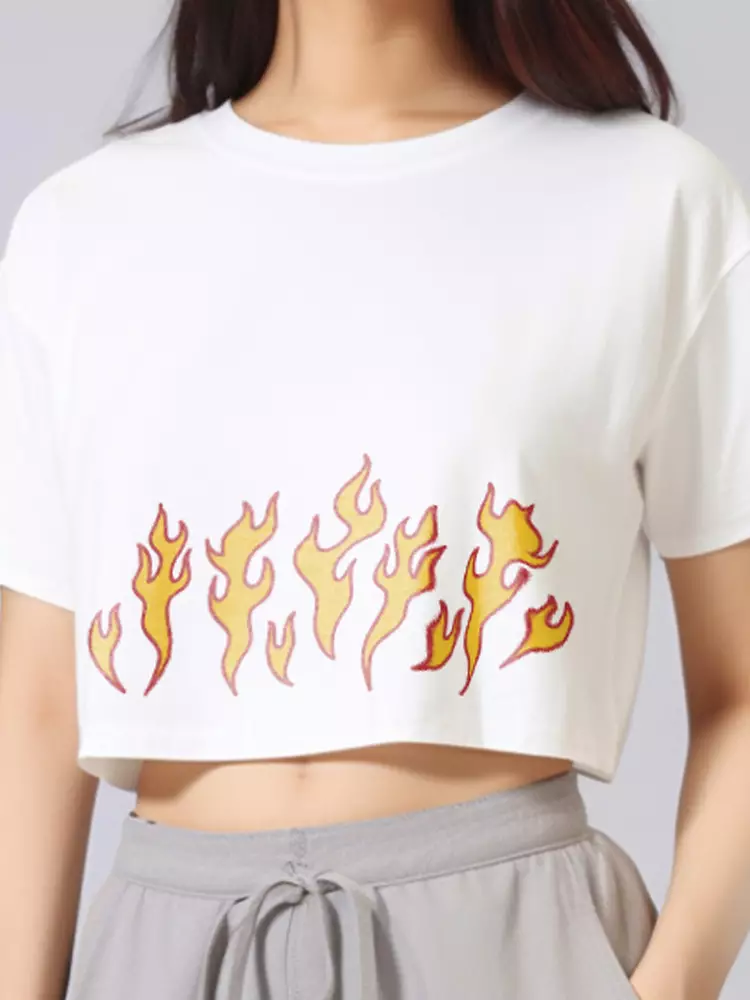 LTE49 crop top OLC kaos oversize wanita yellow fire putih