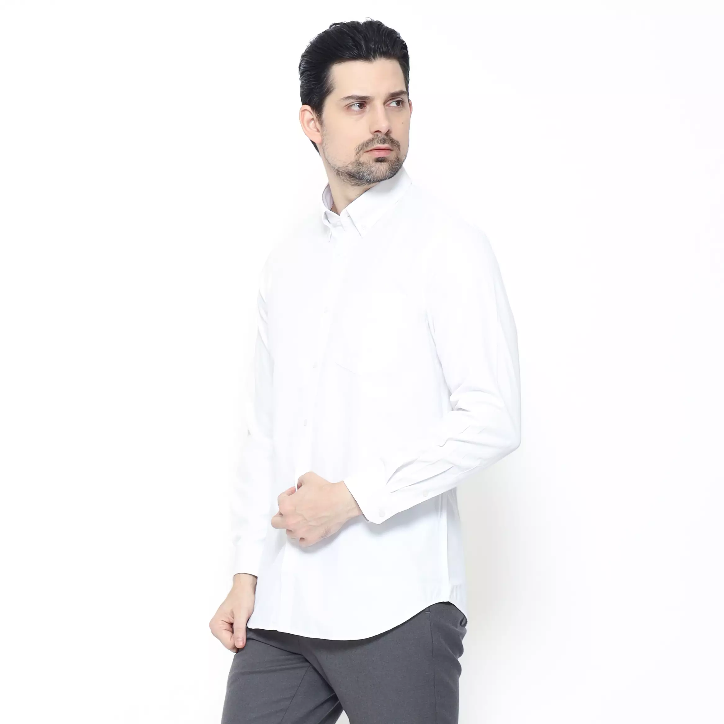 Schoeller Kemeja Formal Pria Slim Fit Polos Putih – Button Down – DEMPSEY-MLNS