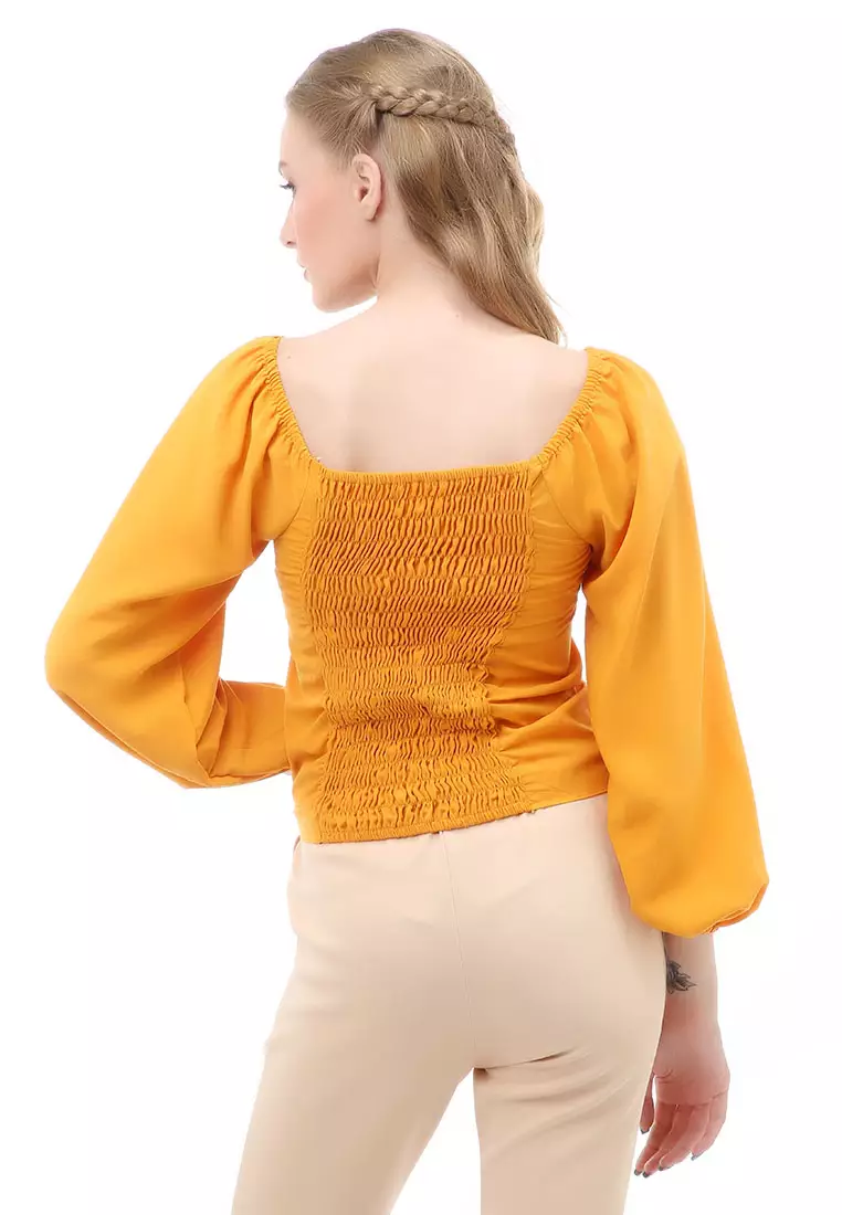 Cheva Blouse Atasan Wanita Sabrina Tali Lengan Panjang Casual Top Long Sleeve Comfortable Material Wolfis ORIGINAL - Mustard