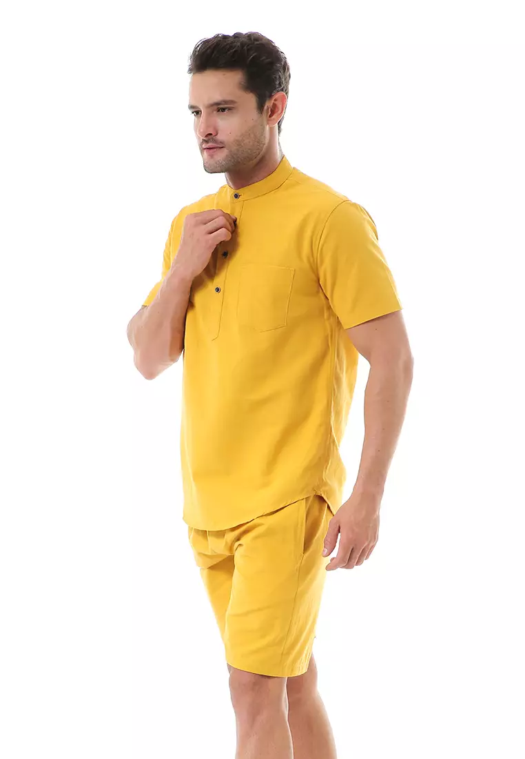Vincent Kurta Set Pendek Motif Polos Setelan Pria Short Sleeve Material Cotton ORIGINAL - Mustard