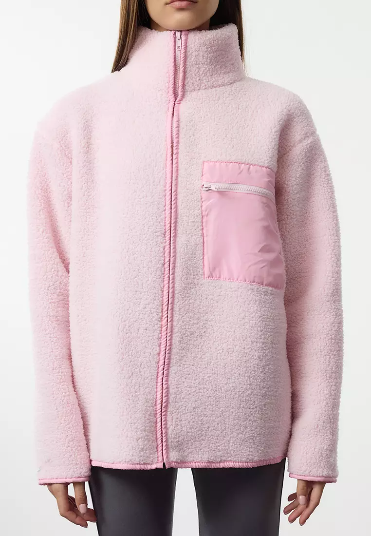 Winter Essentials Light Pink Thick Fleece Zipper Stand Collar Pocket Knitted Sweatshirt Twoaw24Sw00071