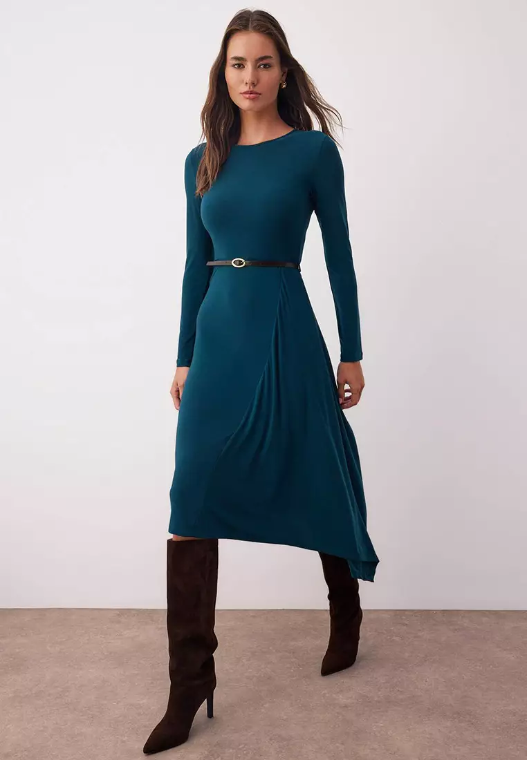 chinese dress ladies Midi Black Dress with Belt S