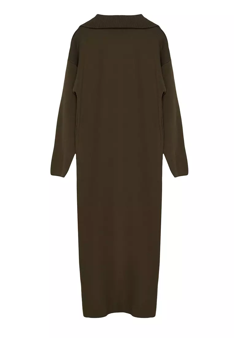 Green Comfortable Fit Zippered Collar Bsic Knitwear Dress TCTAW25EB00013