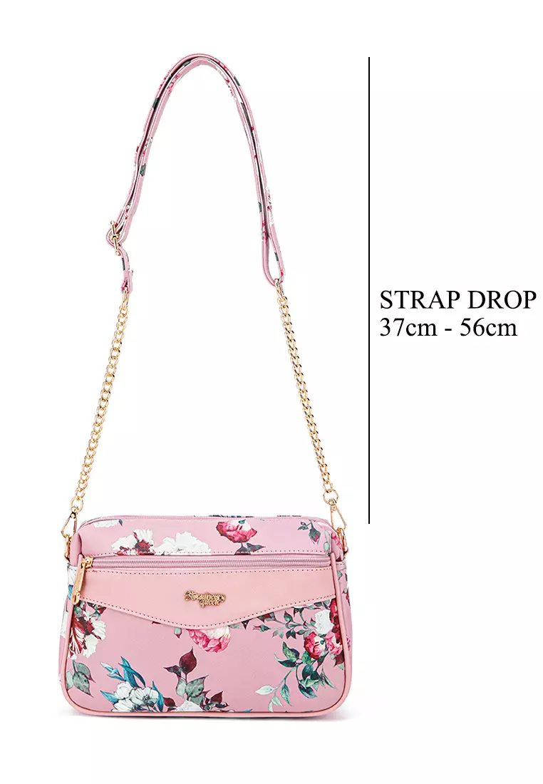 Strawberry Queen Coco Sling Bag with Gold Chain Strap (Floral BL, Pink)