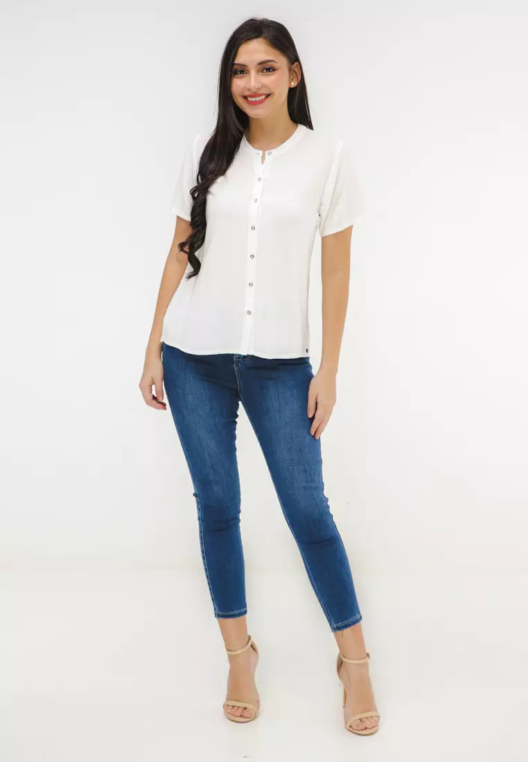 Woven Plain Rayon Short Sleeves Blouse