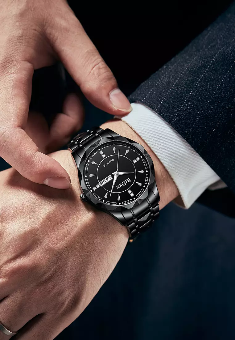 Jam Tangan Pria Anti Air Original Cowok Kalender Bercahaya Analog Luminous Stainless Steel Men Watch Hitam