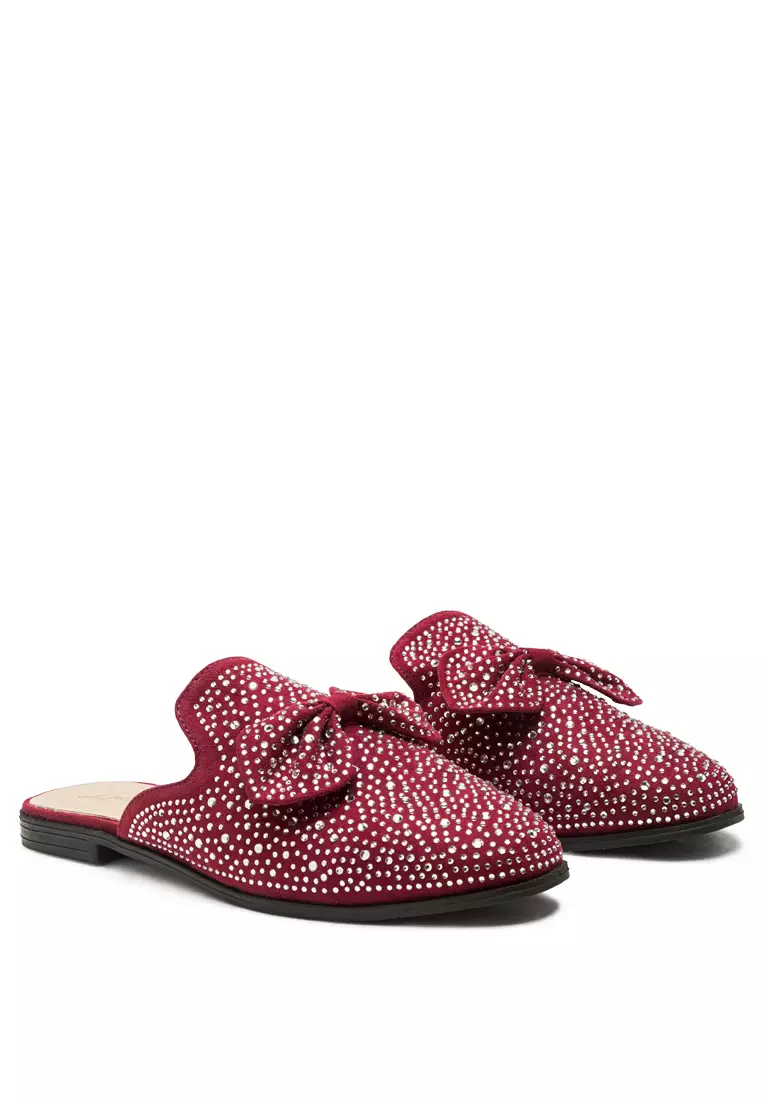 Embellished Casual Bow Mules in Dark Red
