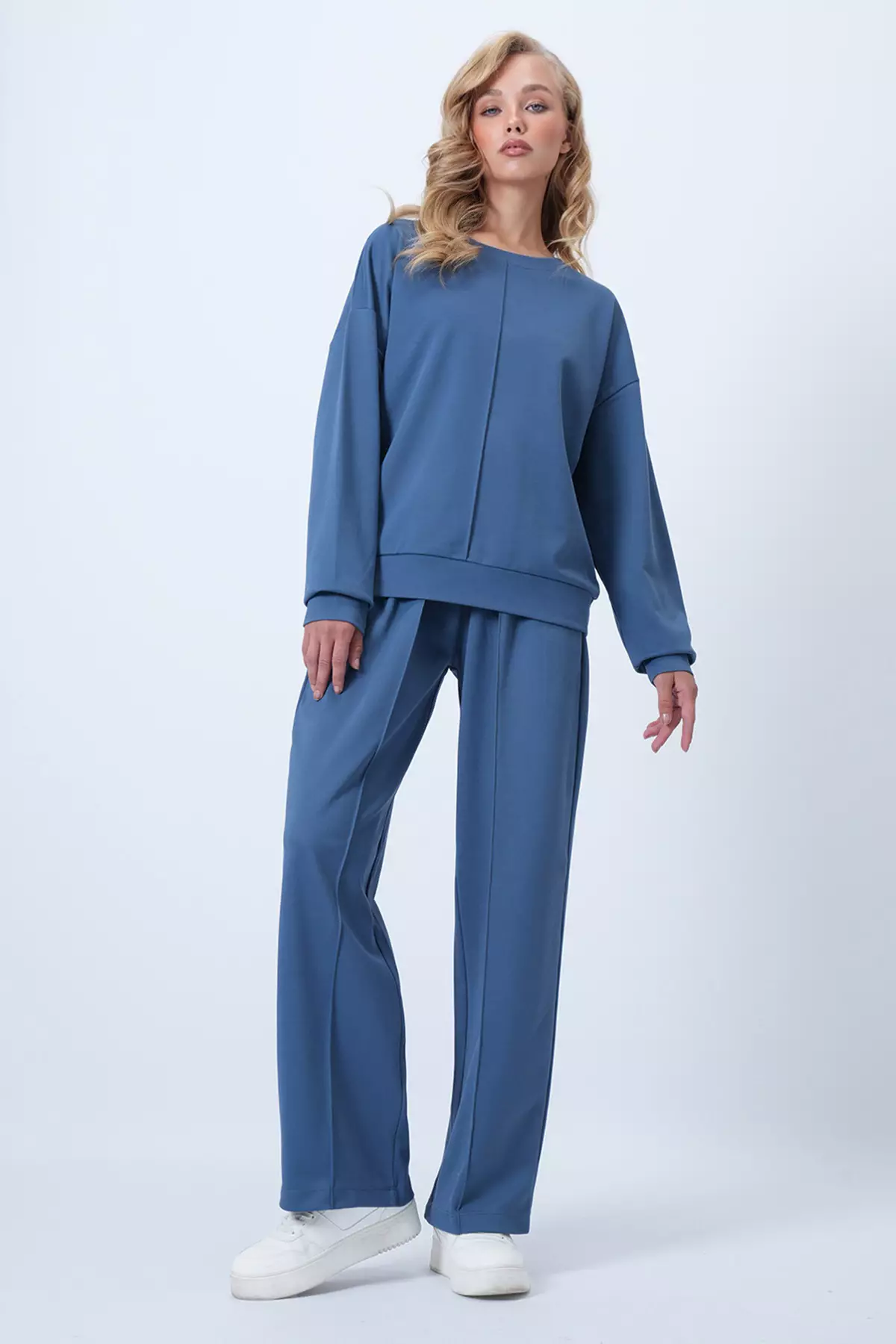 Petrol Blue Crew Neck Ribbed Stitched Blouse And Double Pocket Green Trousers Set Alc-X14543