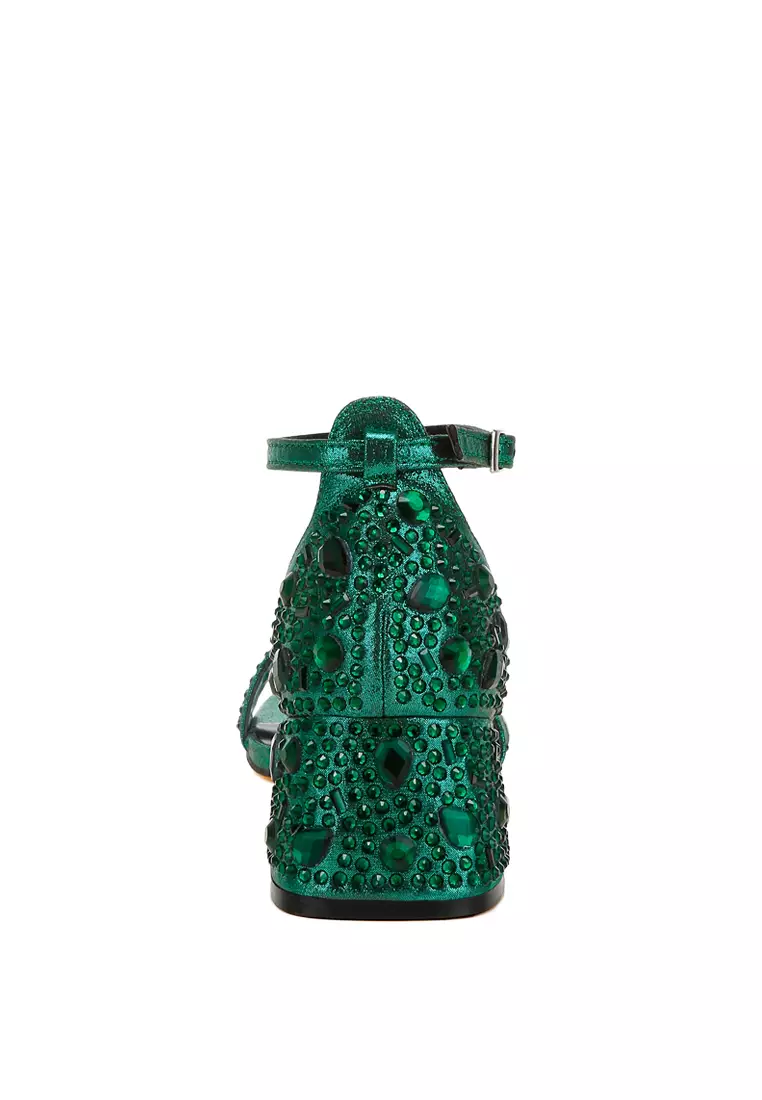 Rhinestone Embellished Shimmer Sandals in Green