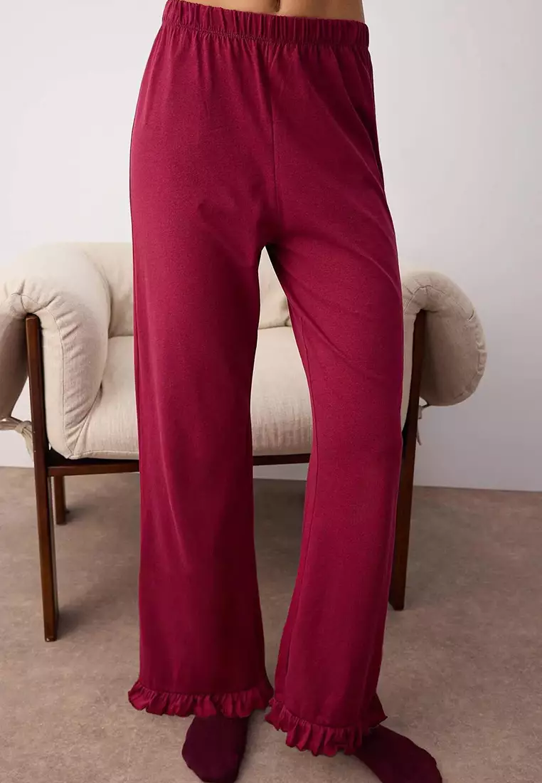 Burgundy 100% Cotton Ruffle Knitted Pajama Set Thmaw26Pt00057