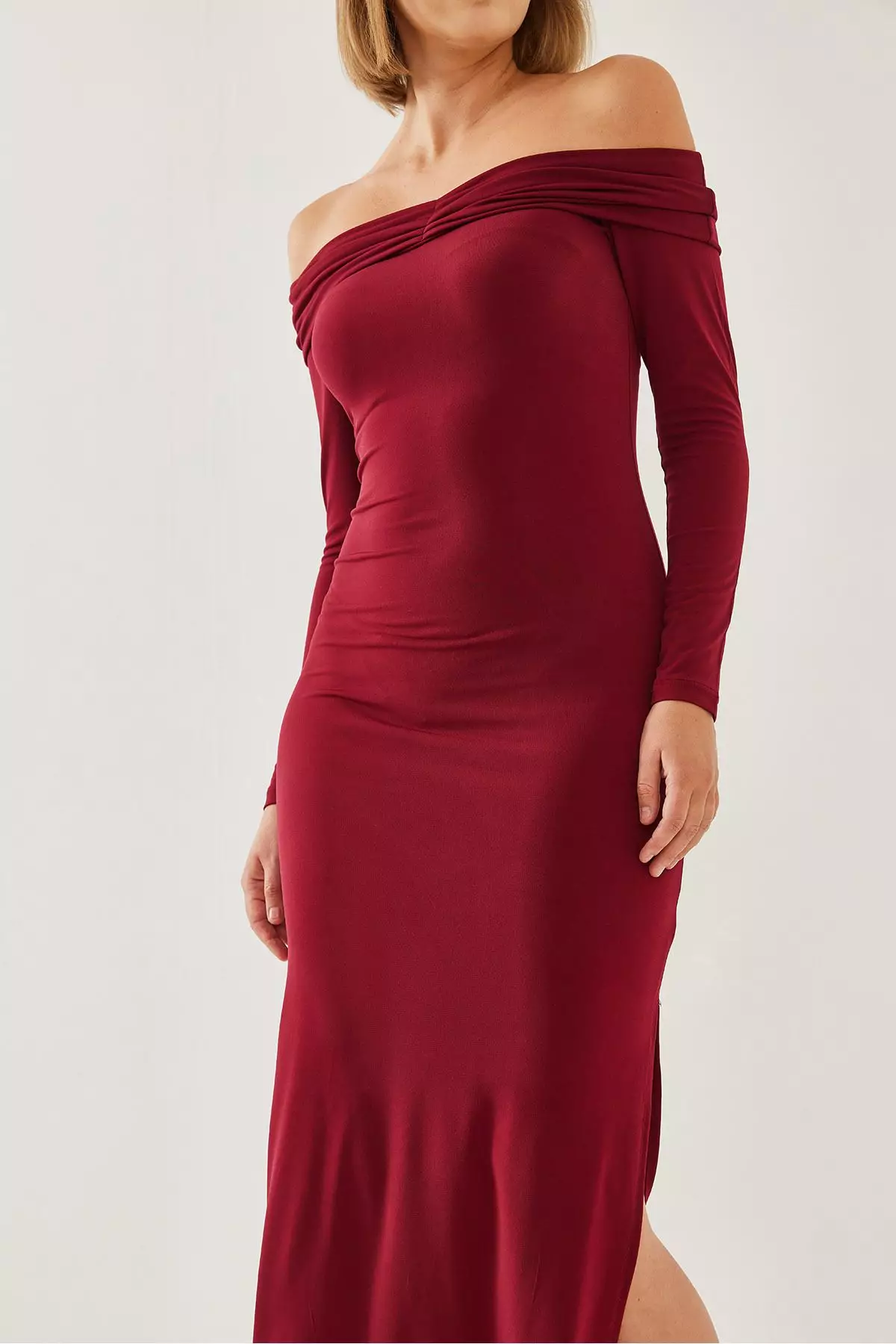 Women's Drape Detailed Madonna Collar Slit Dress 391 60251885