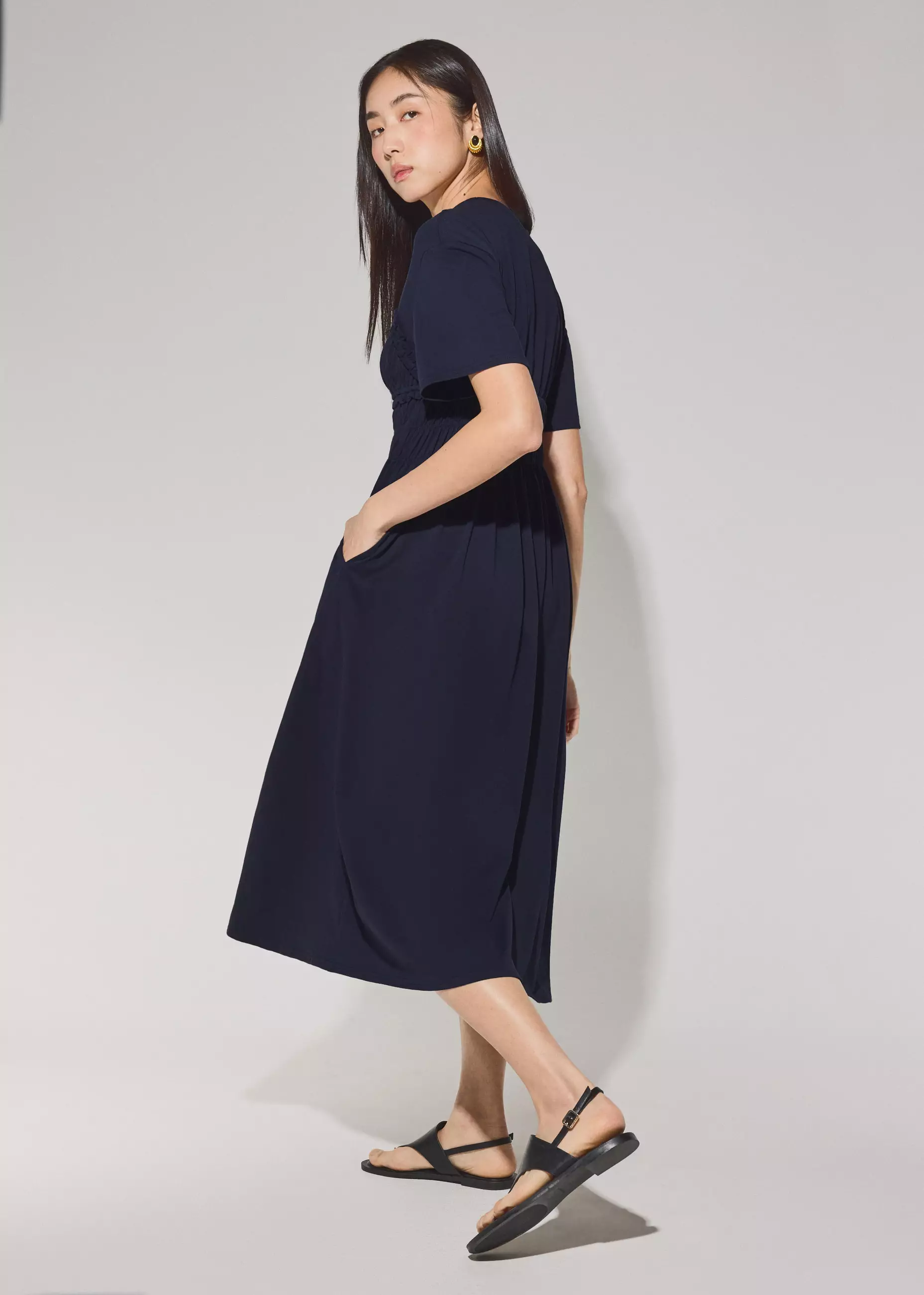 Dress Wanita - Jersey Ruched Bodice Round Neck Midi Dress