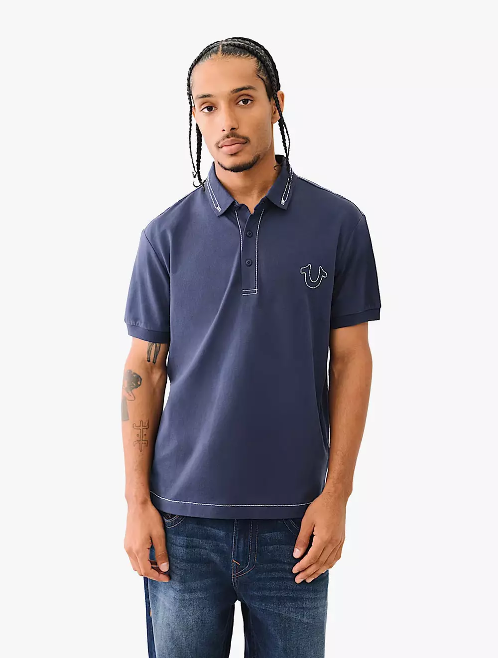 True Religion - Men Polo - RELAXED BIG T EMBRO POLO - Dress Blue