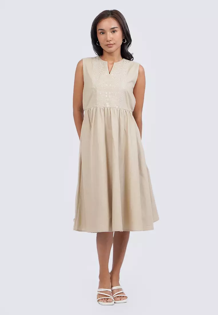 Embroidered Sleeveless Midi Dress KHAKI