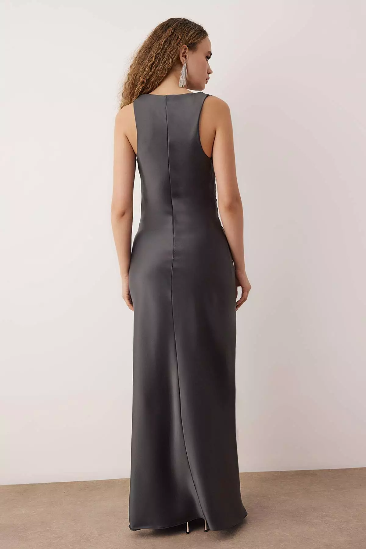 Anthracite Bodycon Woven Satin Maxi Evening Dress & Graduation Dress Tprss25Ae66