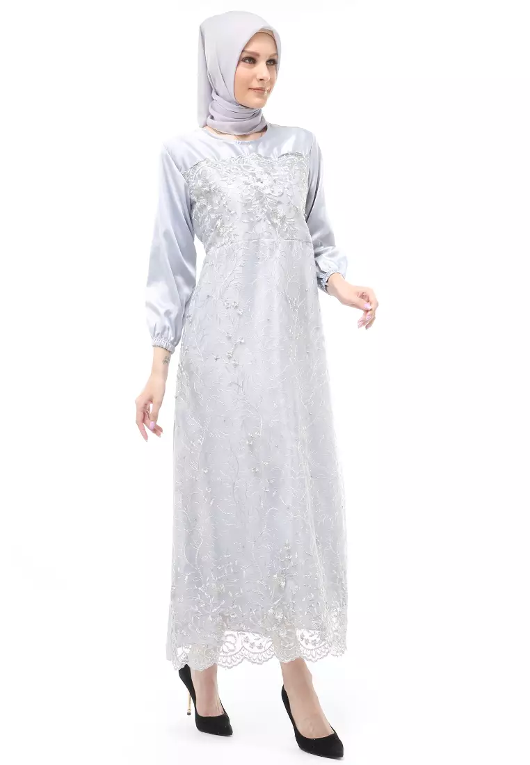 Monita Gamis Brokat Tile Wanita Muslimah Regular Fit - Grey