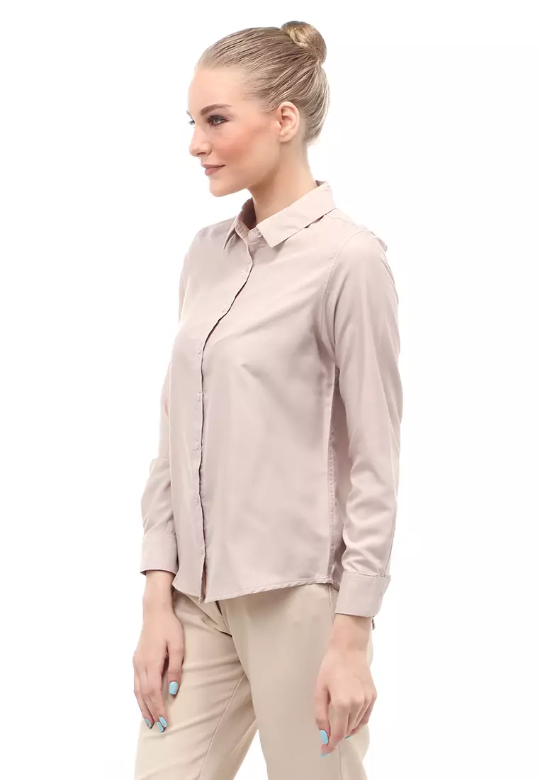 Kemeja Long Sleeves Atasan Wanita Motif Solid Shirt - Khaki