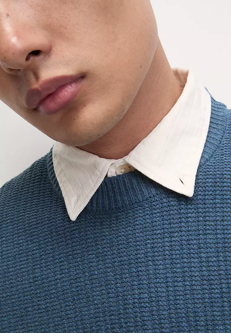 Cotton Blend Textured Crew Neck Jumper