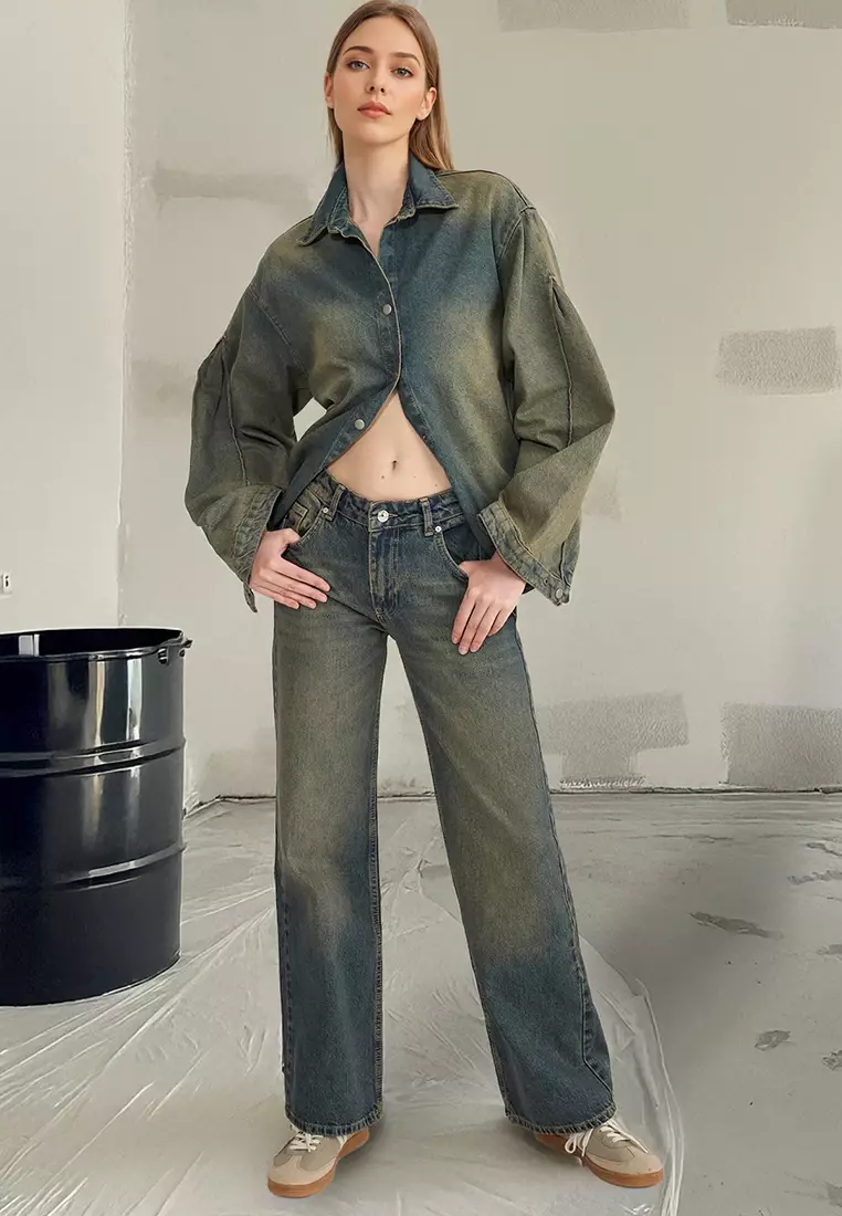 Dark Blue Vintage Wash Effect Low Waist Wide Leg Jeans