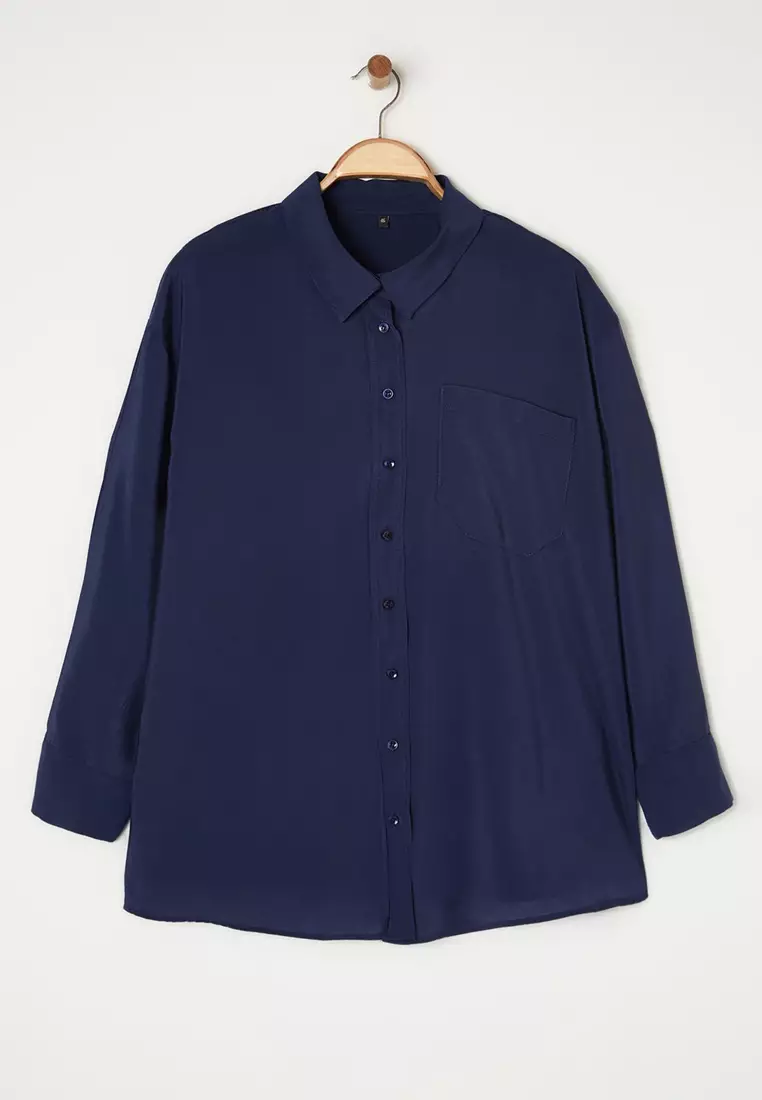 Navy Blue Tencel Soft Touch Woven Plus Size Shirt TBBSS25AX00004