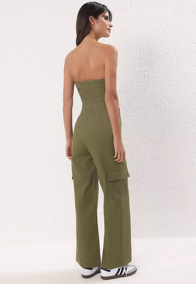Khaki Cargo Pocket Strapless Neck Maxi Woven Jumpsuit Twoss23Tu00192