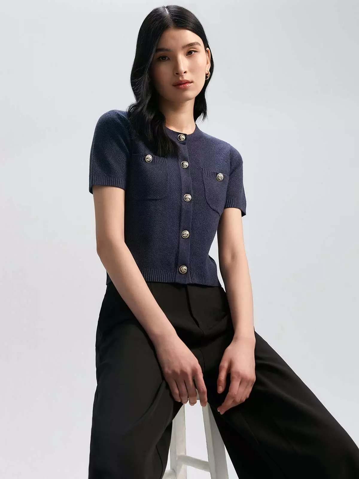 Gold Button Detail Short-Sleeve Cardigan - Dark Blue