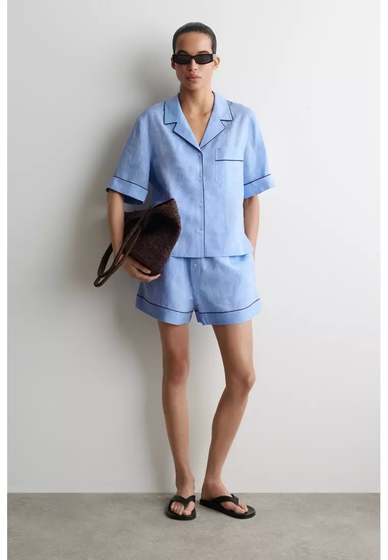 CONTRAST-PIPED LINEN RESORT SHIRT
