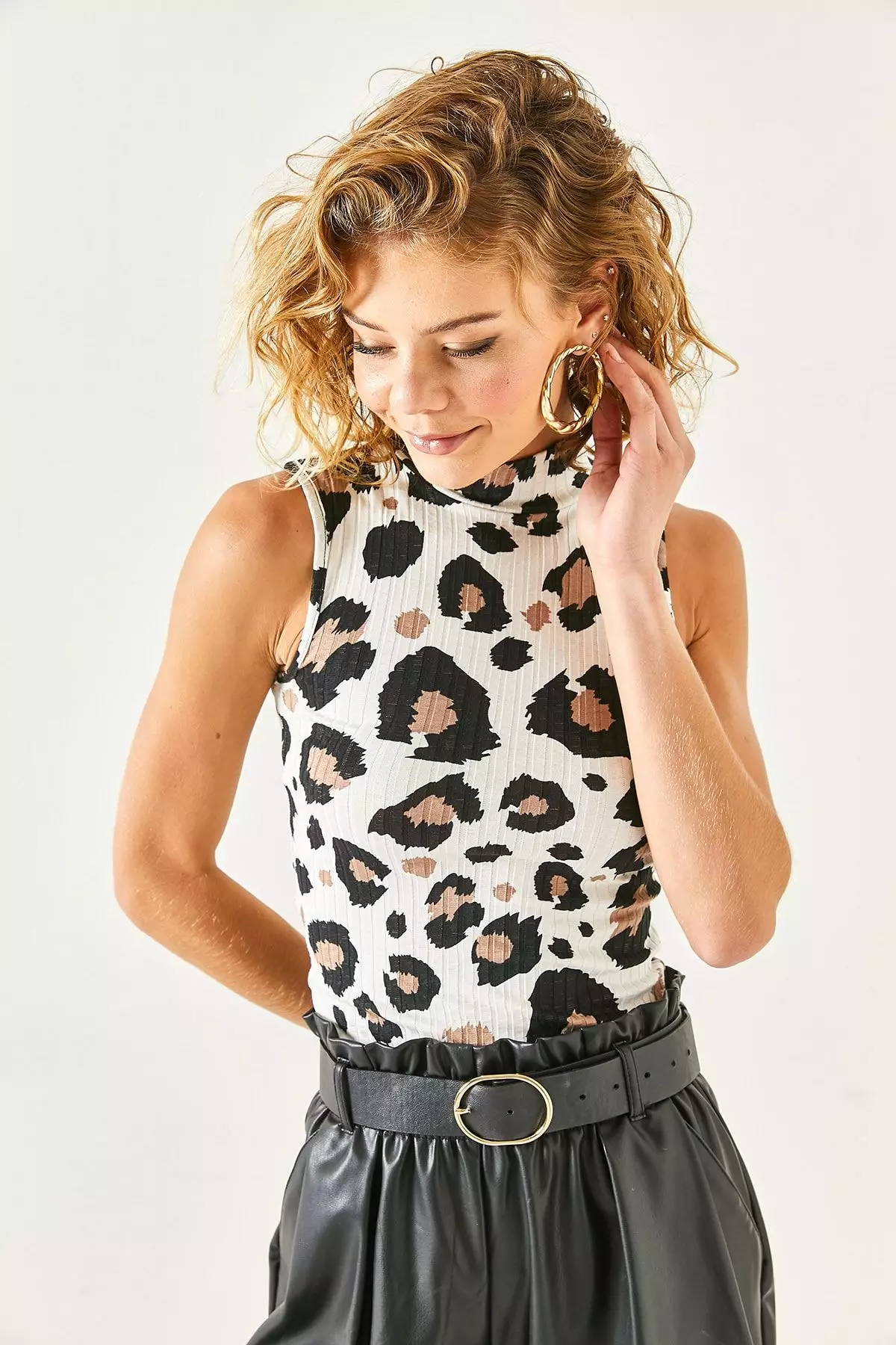 Women's Ecru Leopard High Neck Sleeveless Lycra Blouse BLZ-19002376