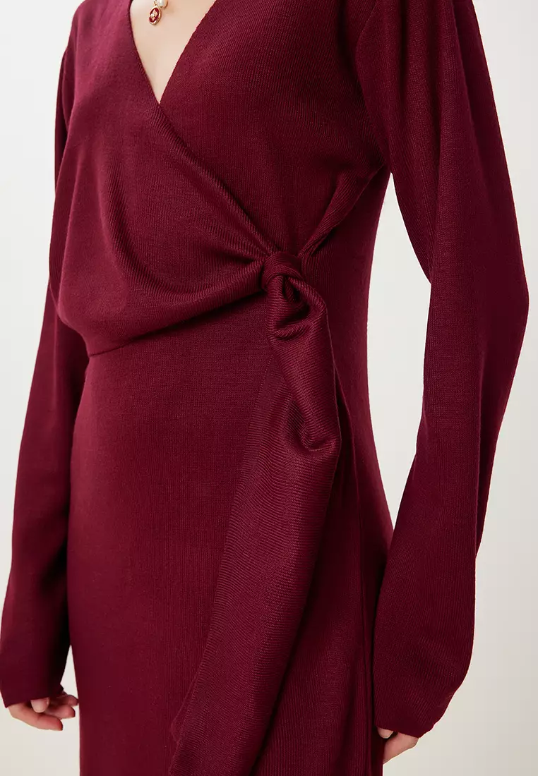 Women's Burgundy Double Breasted Collar Knitwear Dress Pf00115